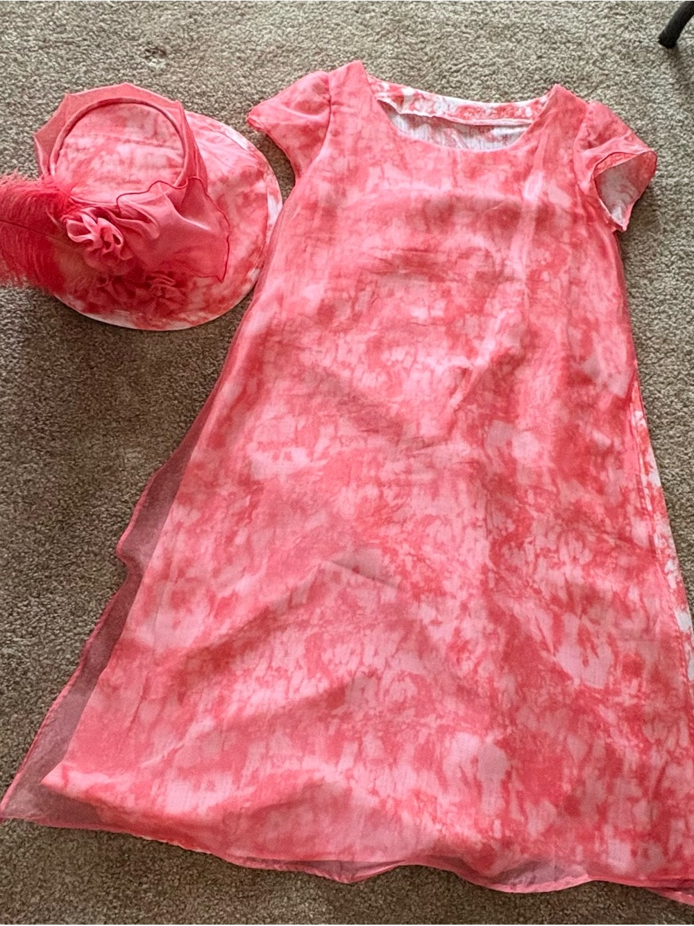 Coral Tie-Dye Sheer Overlay Dress with Matching Hat Hand Man Dress and Hat